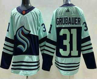 Mens Seattle Kraken #31 Philipp Grubauer Light Green 2022 Reverse Retro Authentic Jersey